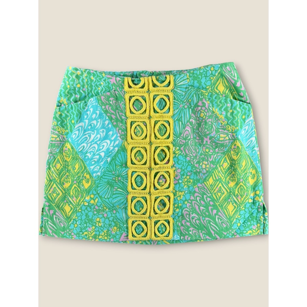 Lilly Pulitzer Green Blue Patchwork Corduroy Skort Lace Trim Size 0